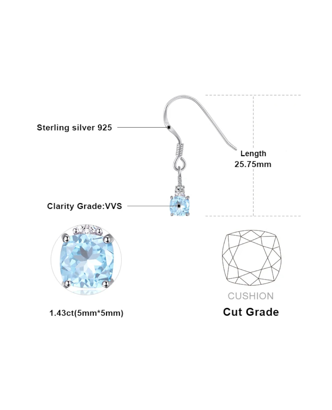 natural sky blue topaz hook earrings in sterling silver