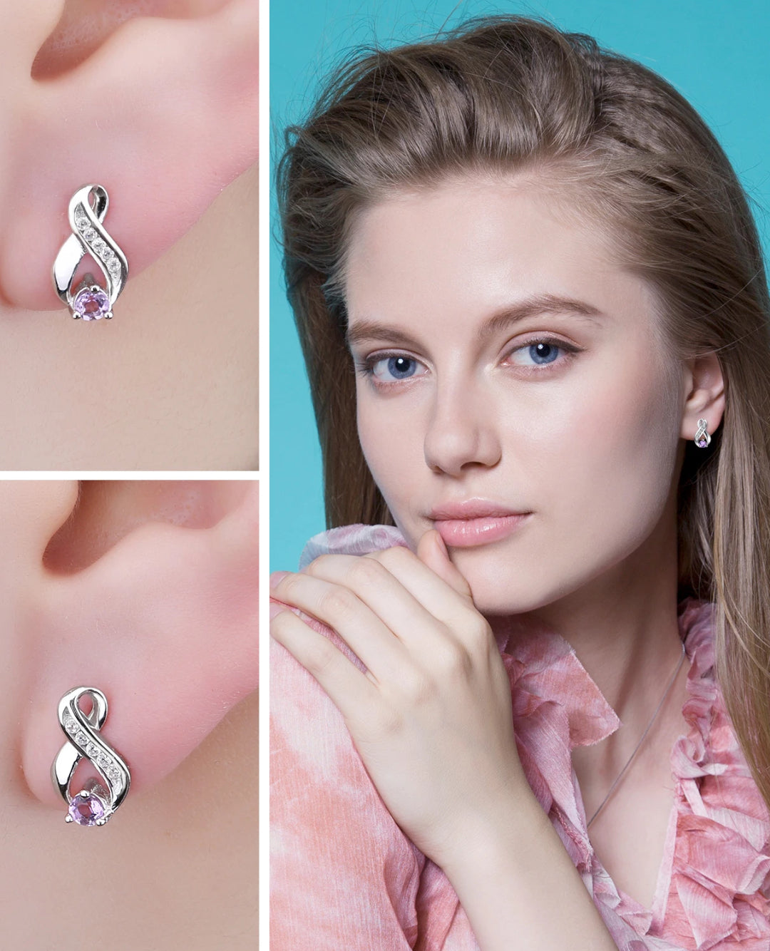 purple amethyst studs with infinity detail