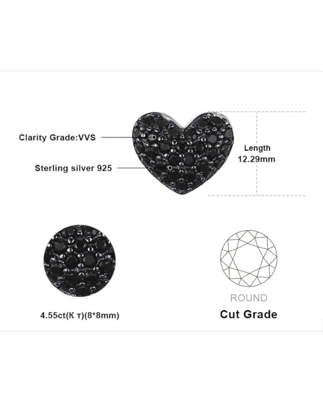 rhodium-plated silver heart studs — black spinel