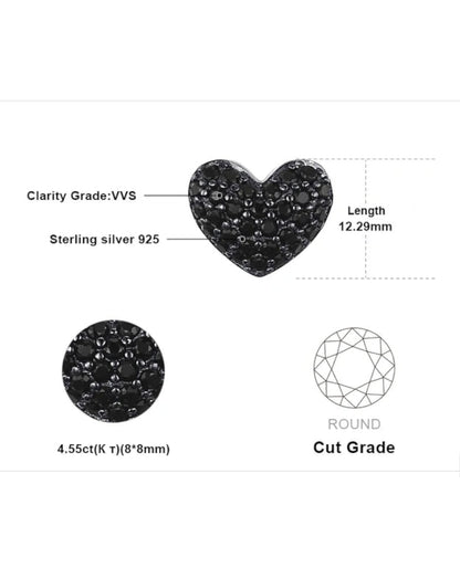 Rhodium-Plated Silver Heart Studs — Black Spinel