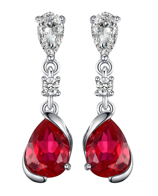 Sterling Silver Drop Studs — Pear Red Ruby