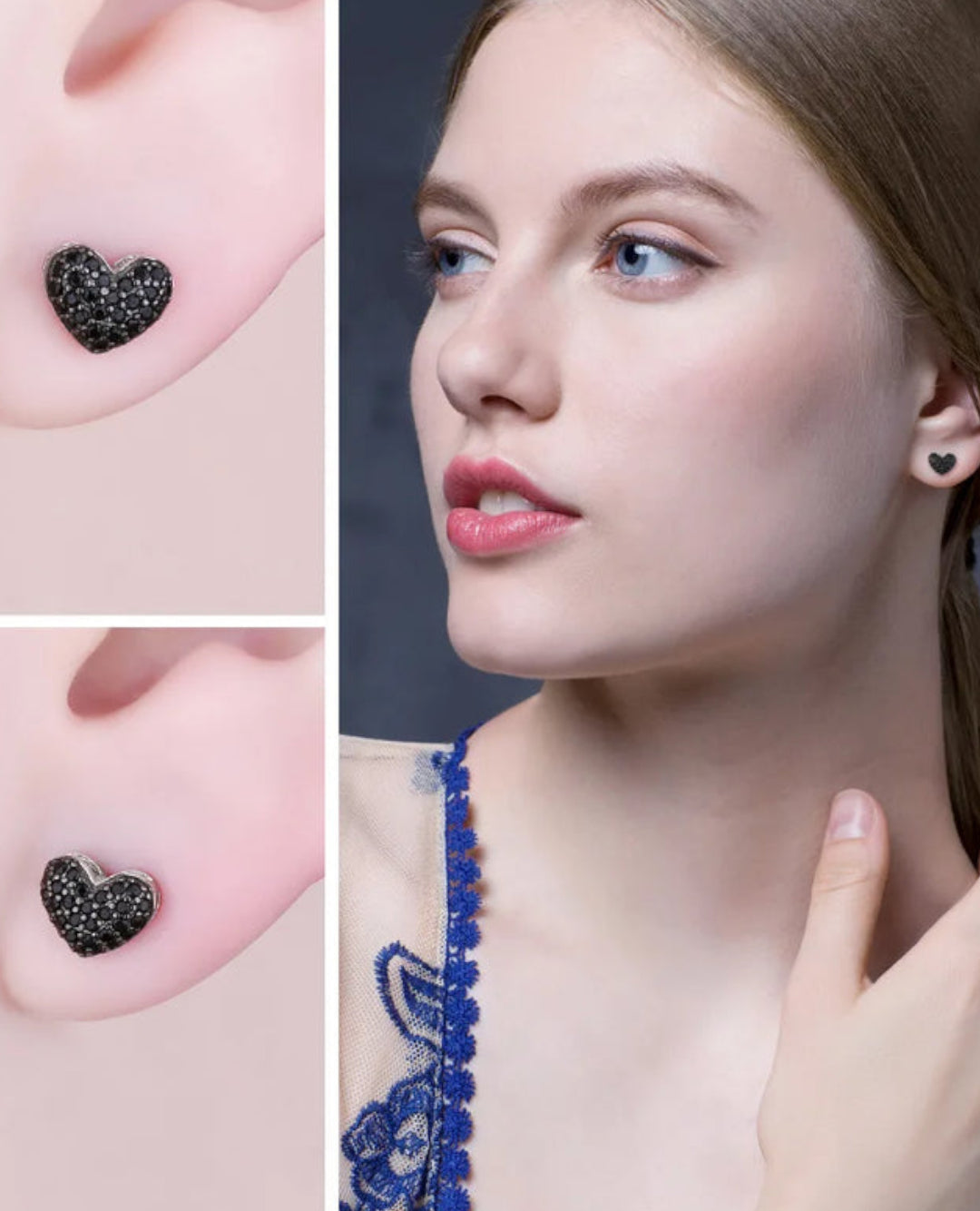 rhodium-plated silver heart studs — black spinel