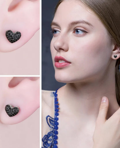 Rhodium-Plated Silver Heart Studs — Black Spinel