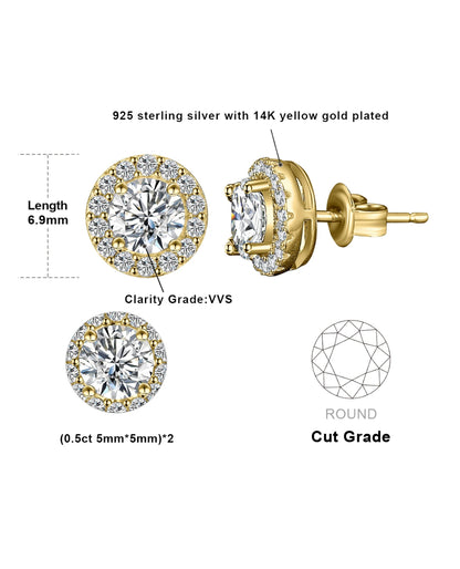 Gold-Plated Moissanite Halo Studs