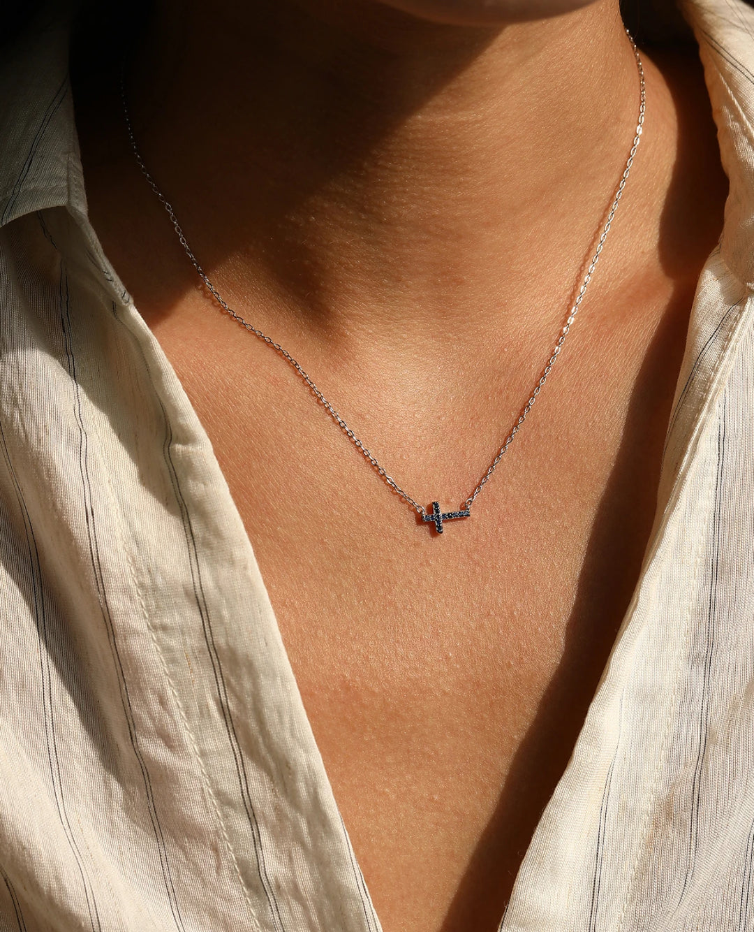 minimal blue cross necklace