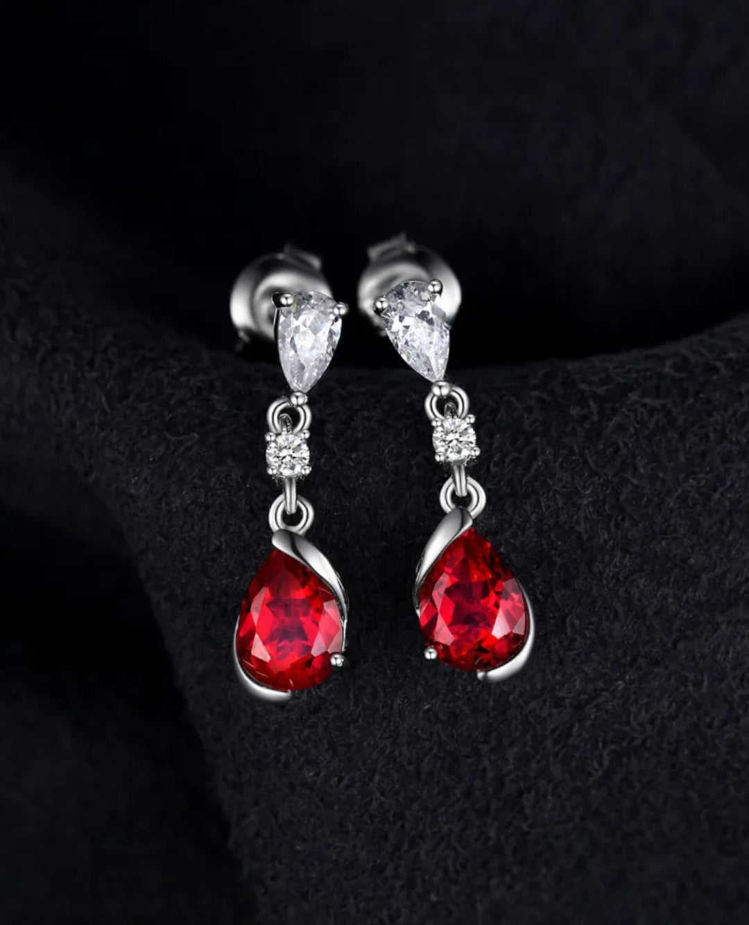 sterling silver drop studs — pear red ruby