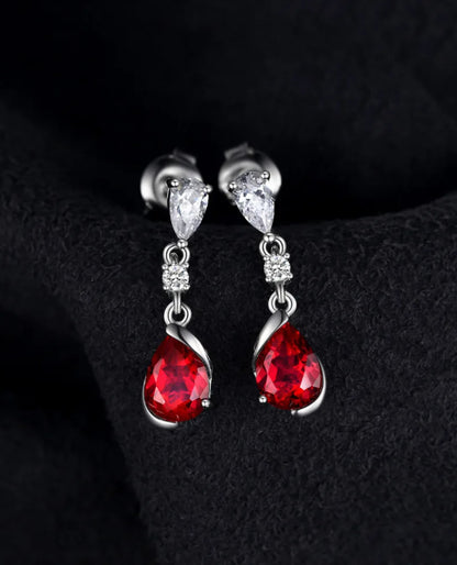 Sterling Silver Drop Studs — Pear Red Ruby