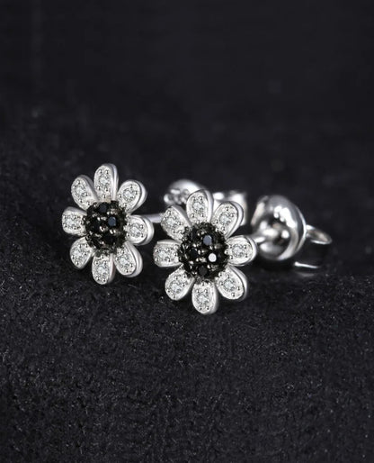Sterling Silver Floral Studs — Black Spinel