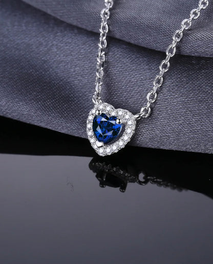 Created Blue Sapphire Heart Necklace in Sterling Silver