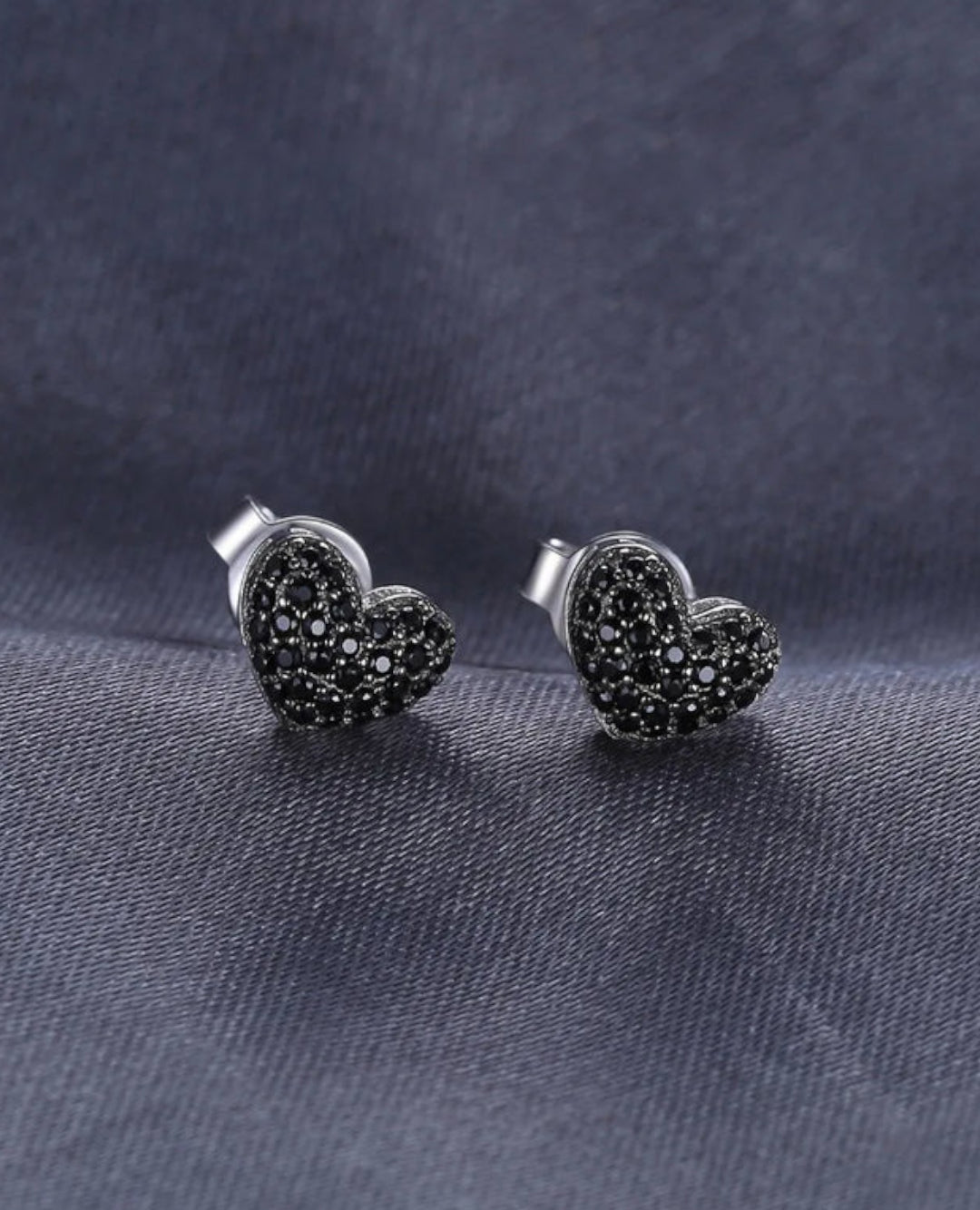 rhodium-plated silver heart studs — black spinel