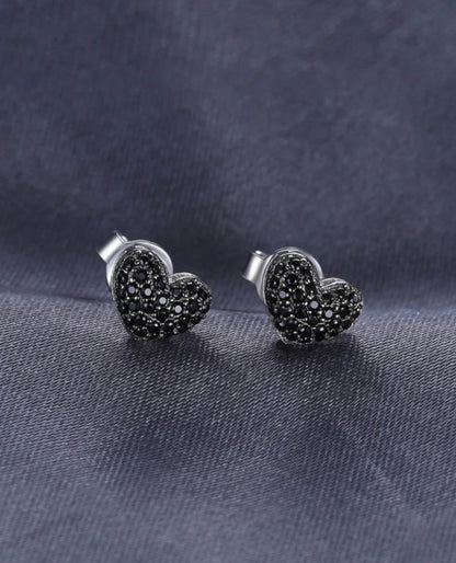 Rhodium-Plated Silver Heart Studs — Black Spinel