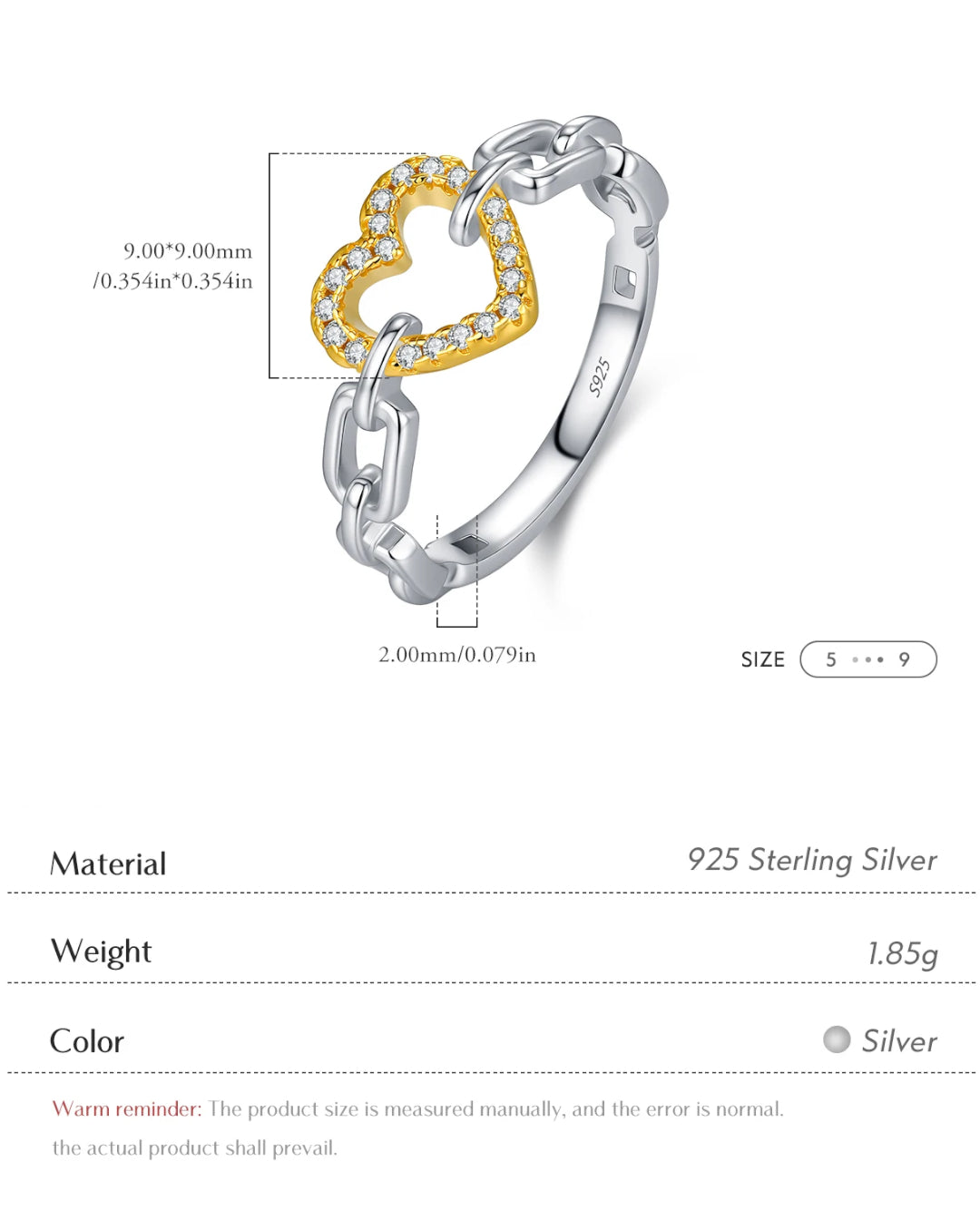 sparkle heart chain ring