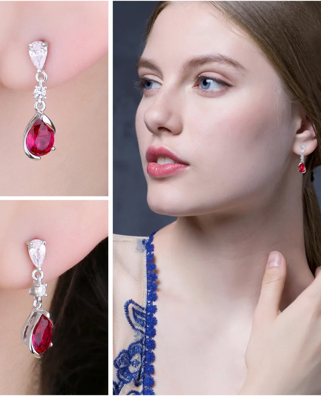 sterling silver drop studs — pear red ruby