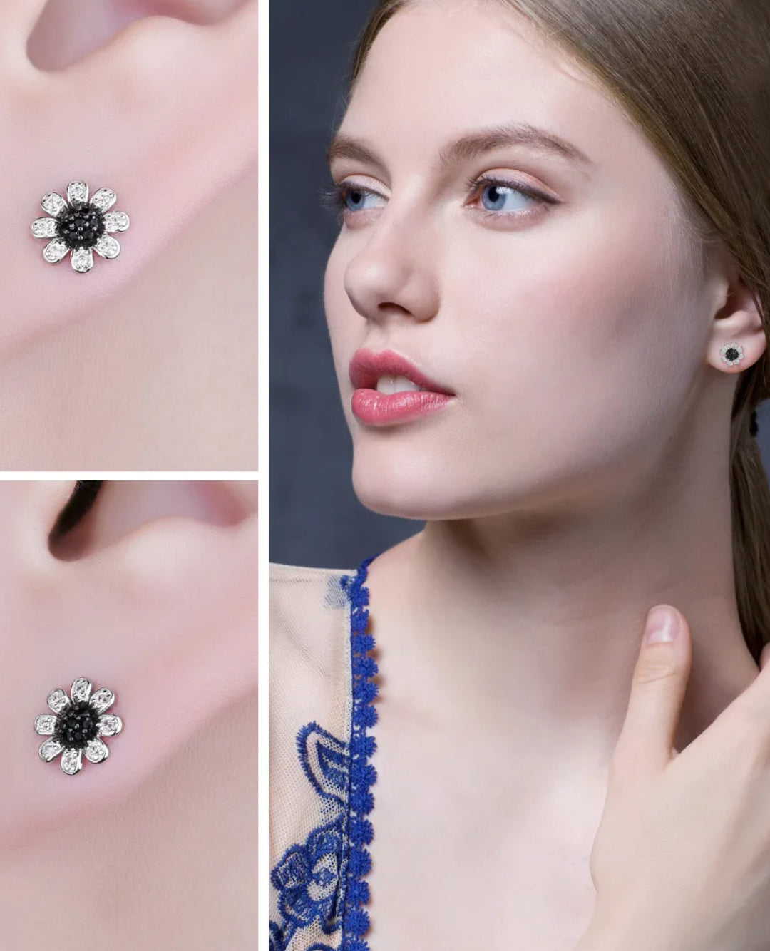 sterling silver floral studs — black spinel