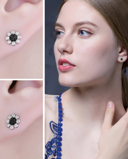 Sterling Silver Floral Studs — Black Spinel