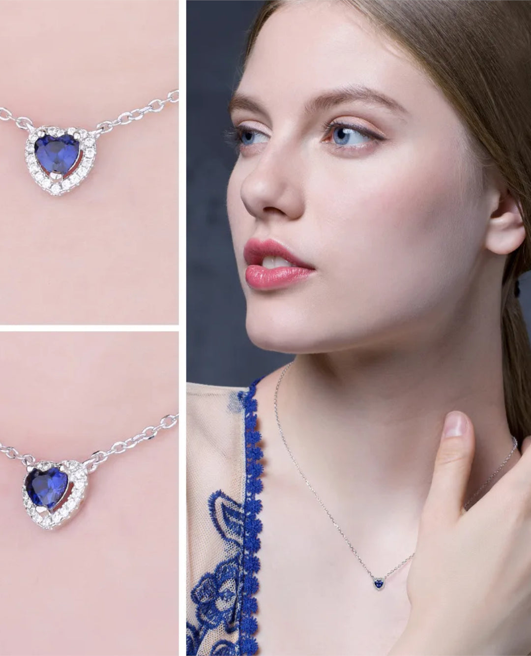 created blue sapphire heart necklace in sterling silver