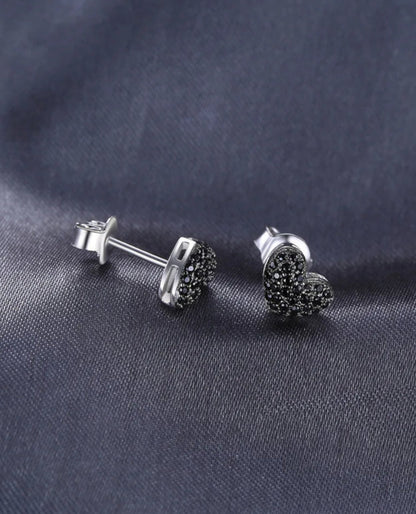 Rhodium-Plated Silver Heart Studs — Black Spinel