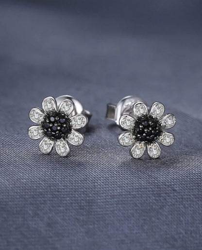 Sterling Silver Floral Studs — Black Spinel