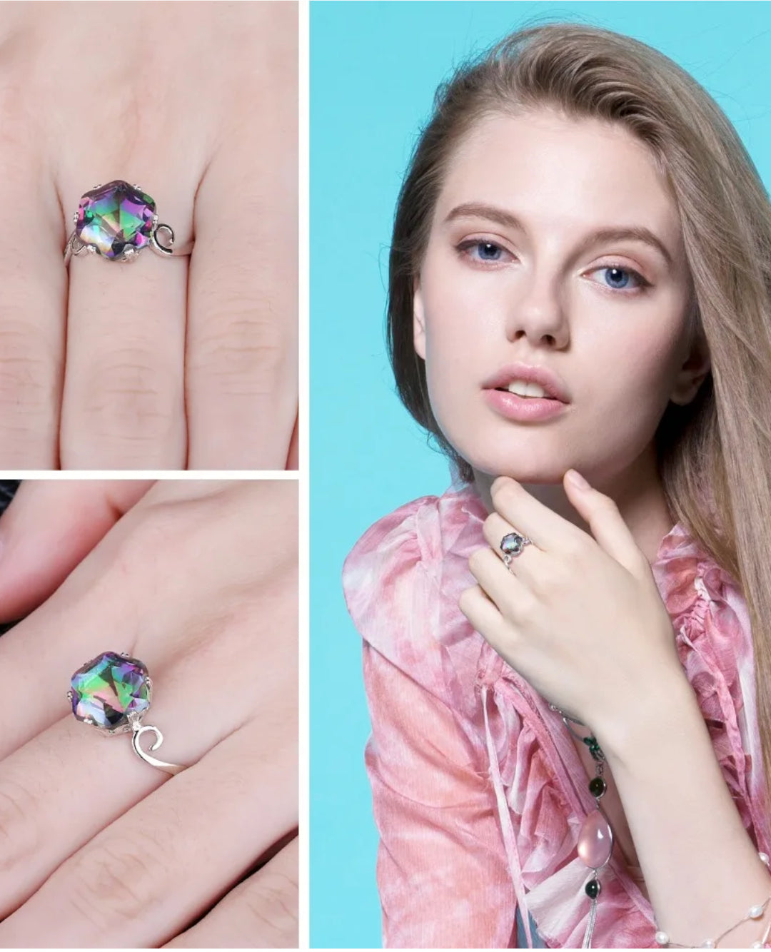 hexagon mystic topaz solitaire ring in sterling silver