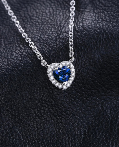Created Blue Sapphire Heart Necklace in Sterling Silver