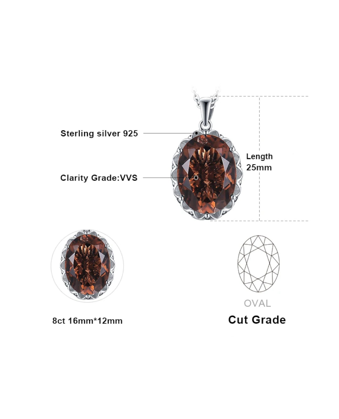 8 ct natural smoky quartz pendant in sterling silver
