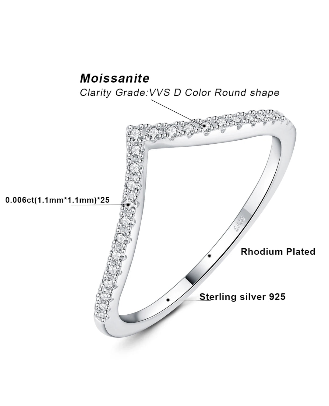 rhodium-plated moissanite v ring