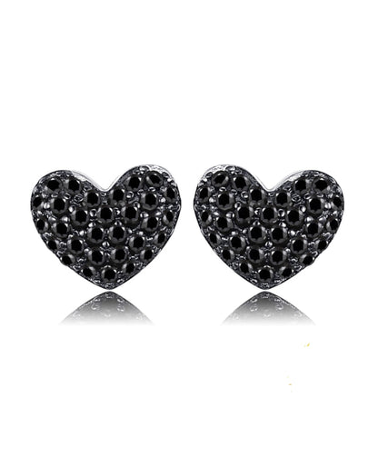 Rhodium-Plated Silver Heart Studs — Black Spinel