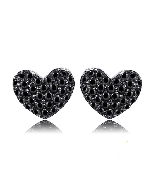 Rhodium-Plated Silver Heart Studs — Black Spinel