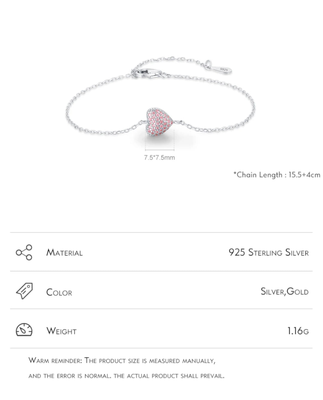 pink cz heart bracelet