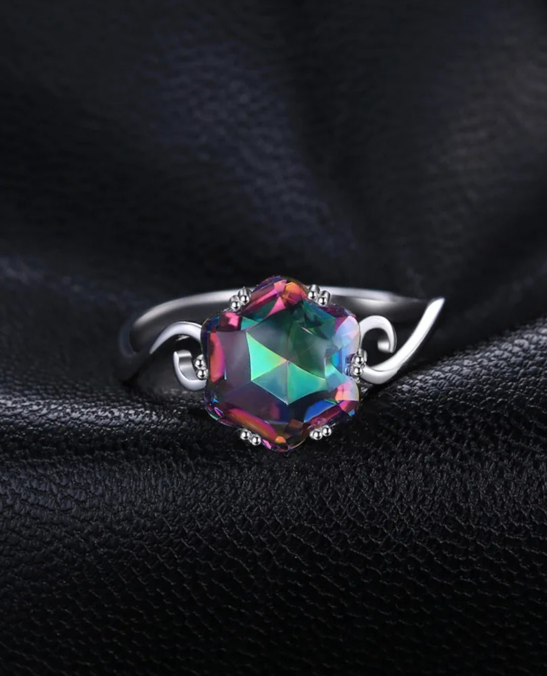 hexagon mystic topaz solitaire ring in sterling silver