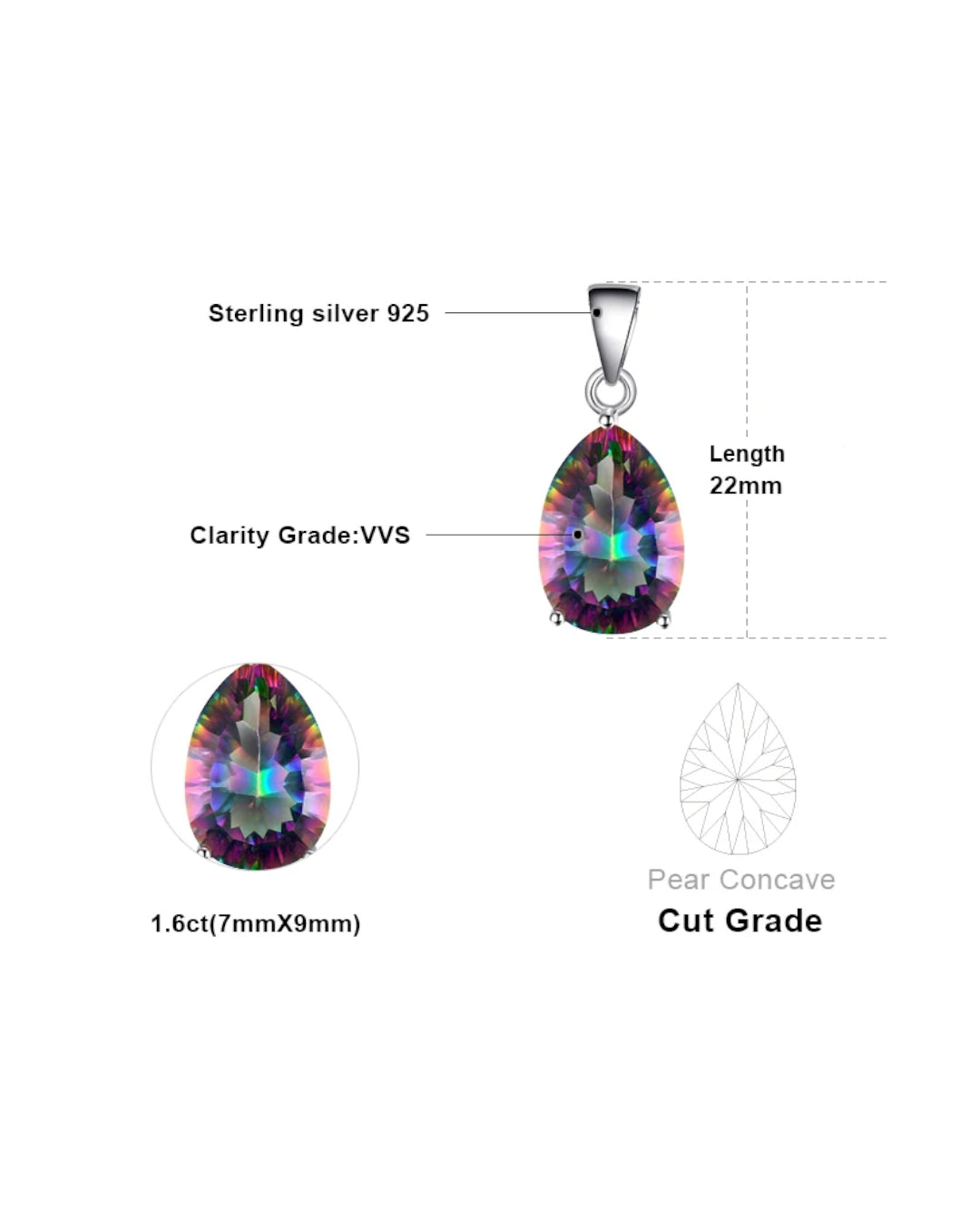 rainbow mystic quartz pear pendant