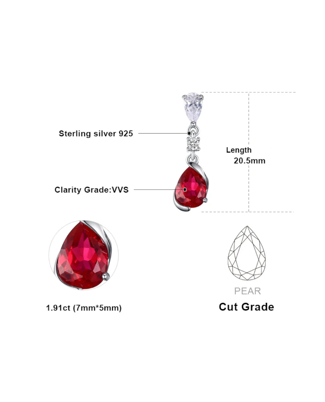 sterling silver drop studs — pear red ruby